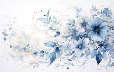 Pastel Indigo Blue Flowers and Branches on a white background