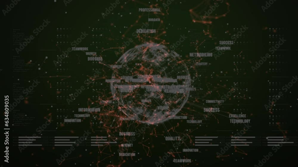 Poster animation of connected dots forming shapes and multiple texts around globe with loading bars