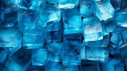 Bright blue frozen water ice cubes.Ice cubes with flashes of light in the dark. Generative AI.