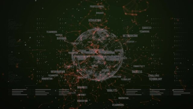Animation of connected dots forming shapes and multiple texts around globe with loading bars