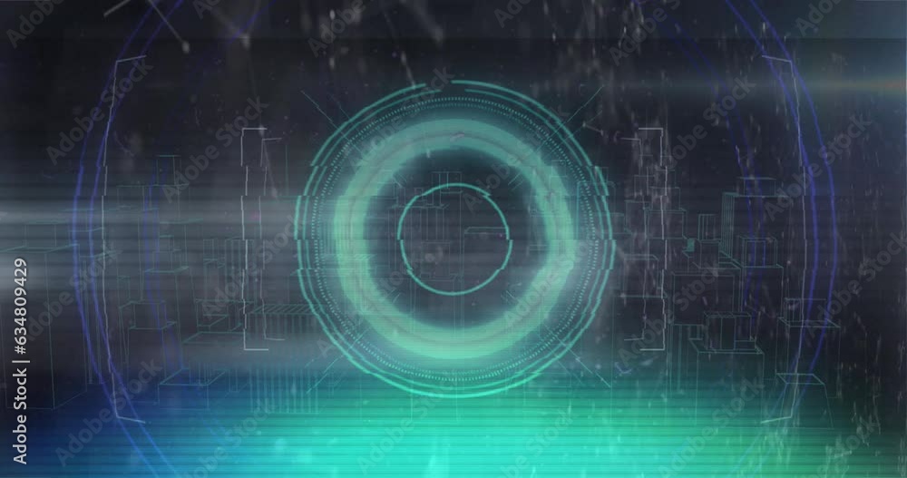 Poster animation of loading circles, connected dots and computer language over 3d model of city