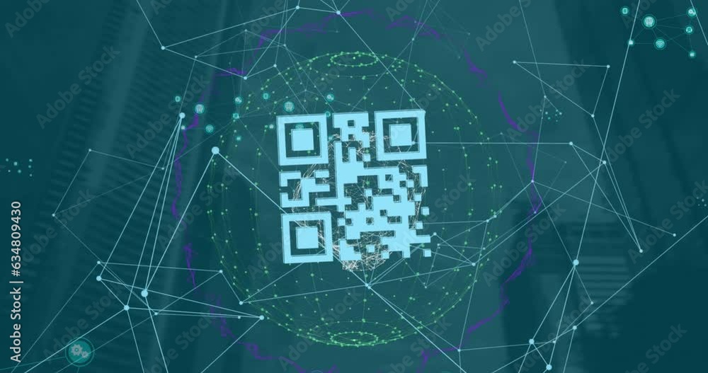 Poster animation of looping bar codes with connected dots and globes over modern buildings against sky