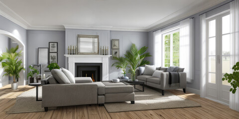 Photorealistic luxurious modern sitting room indoor interior with plants decor display