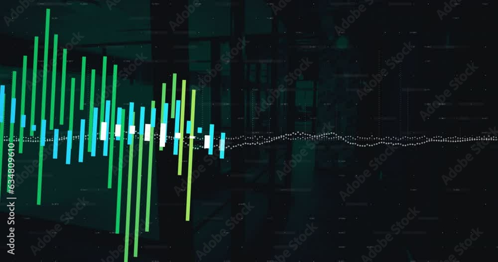 Poster animation of multiple graphs with changing numbers over empty office