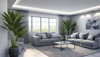 Photorealistic luxurious modern sitting room indoor interior with plants decor display