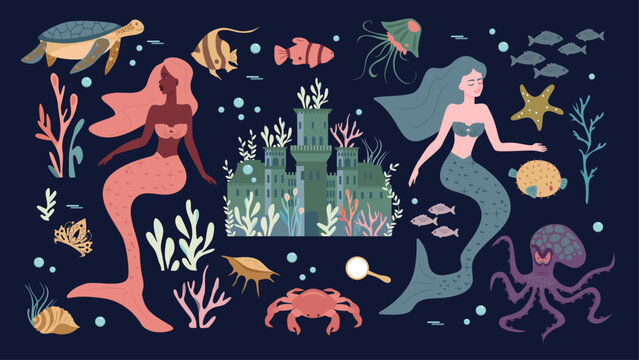 set of isolated mermaid with marine animals and plants - vector illustration
