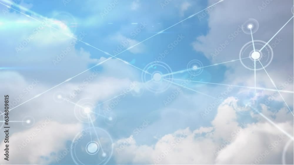 Poster animation of dots connected with lines over aerial view of dense clouds in sky