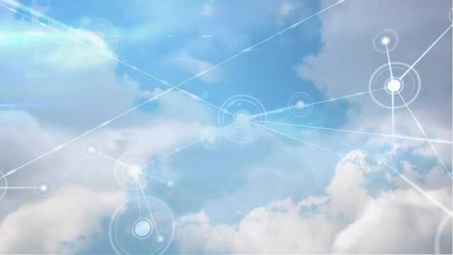 Animation of dots connected with lines over aerial view of dense clouds in sky