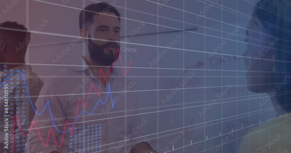 Poster animation of multiple graphs with changing numbers over diverse coworkers sharing ideas in office