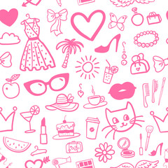 Seamless pattern in pink colors with beauty and fashion doodles