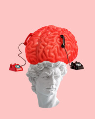 David head with brain and retro phone on pink background. Creative art collage poster.