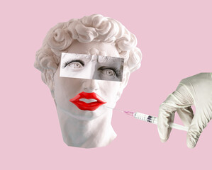 Ancient statue head with red lips and extended eyelashes and hand with  syringe. Creative concept of beauty injections.