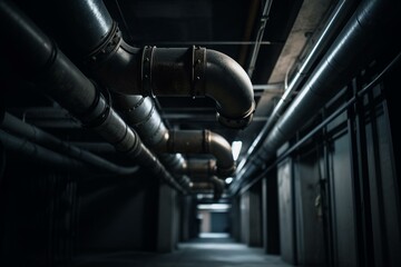 Fototapeta na wymiar An image of a long exhaust pipe in the basement of a huge building. Generative AI