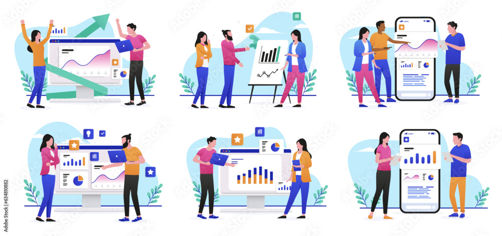 Fototapete collection of people working with data and analytics - team of office characters analysing and worki