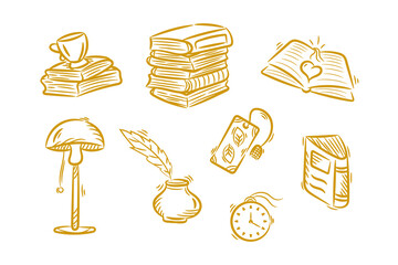 Books clipart hand drawn doodle. Line sketch of Reading items, Educational, Library, School, Literature. Vector vintage icons illustration