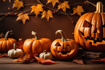 Naklejka na ściany i meble Halloween background with pumpkins and leaves