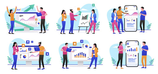 Collection of people working with data and analytics - Team of office characters analysing and working with computer, charts and graphs. Flat design vector illustration with white background