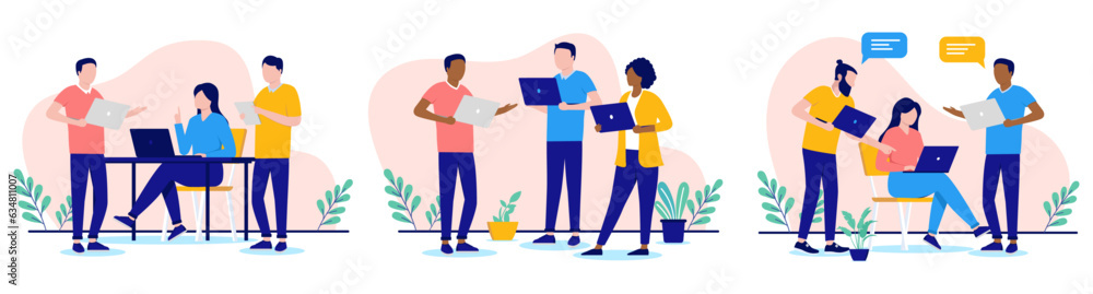 Fototapete people with computers working collection - set of vector illustration with diverse businesspeople in