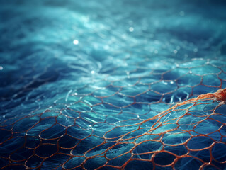 Underwater with blue fishing net in the blue sea background