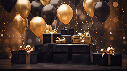 black gifts with black ribbon in a gold podium in the foreground. Gold balloons blurred in the background
