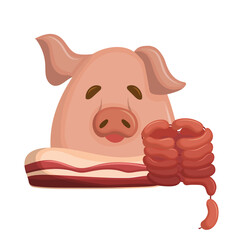 Pig's head, lard, bacon and sausages. Meat delicacies. Flat vector illustration isolated on white background.
