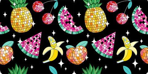 Seamless pattern with disco mirror ball fruits in cartoon style. Vector funky illustration. - 634811685