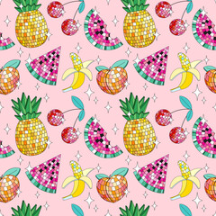 Seamless pattern with disco mirror ball fruits in cartoon style. Vector funky illustration. - 634811690