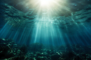 Fototapeta na wymiar Underwater scene with rays of light coral reef. Generative AI