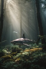 A shark swimming in a forest