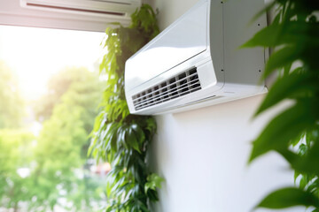 Air conditioner on wall in living room with green home plants, close up. Adjusting comfort temperature in home at hot summer, cooling air in the room - obrazy, fototapety, plakaty