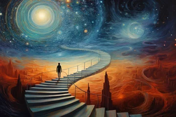 Foto op Plexiglas Silhouette standing on stairs in fantasy landscape with surrealistic sky. Lonely person walking to bright colorful sky with cosmic background © Lazy_Bear