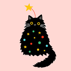 Cute cartoon fat black cat decorated as Christmas tree. Hand drawn vector illustration. Funny winter character card template. - 634812256