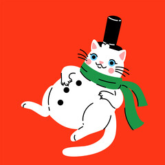 Cute cartoon fat white cat wearing a snowman scarf and hat. Hand drawn vector illustration. Funny Christmas character card template.