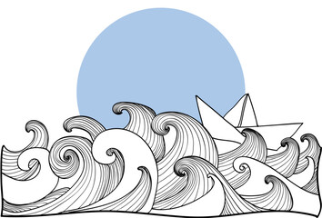Paper boat on sea waves black and white design