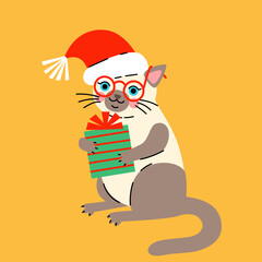 Cute cartoon fat siamese cat with a gift wearing a Santa hat. Hand drawn vector illustration. Funny Christmas character card template.