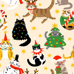 Seamless pattern with Cute cartoon fat cats wearing different Christmas outfits.  Hand drawn vector illustration. Funny xmas background. - 634812293