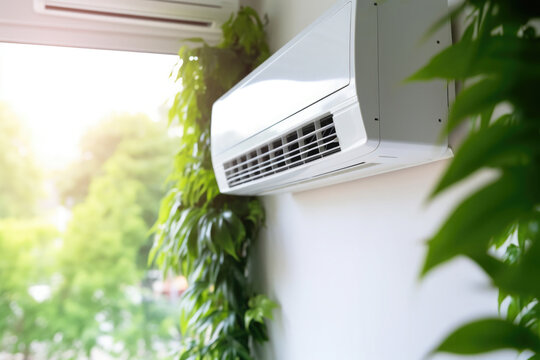 Air conditioner on wall in living room with green home plants, close up. Adjusting comfort temperature in home at hot summer, cooling air in the room