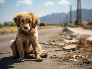 On a lonely summer road, an abandoned dog exudes a sense of sadness, a poignant reminder of solitude amid a season of vacation. Cute puppy abandoned in complete sadness.