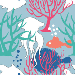 Marine life seamless pattern, turbot fish and octopus design