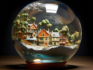 Glass globe with miniature houses and trees, landscape, street in it