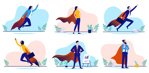 Business superhero people collection - Set of vector illustrations with businesspeople in cape heading for success and triumph. Flat design with white background © Knut