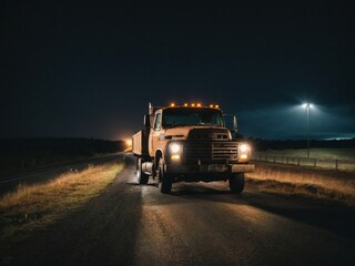 Fototapeta premium A truck driving down a dark road at night