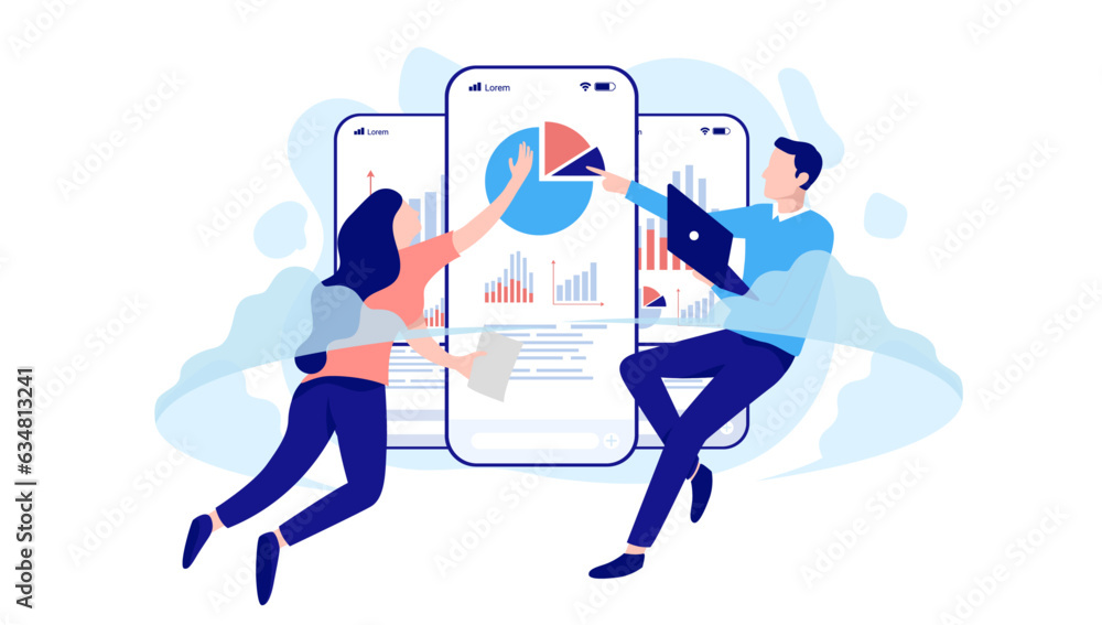 Poster people analysing cloud data - two casual business office characters working on pie chart and graphs.