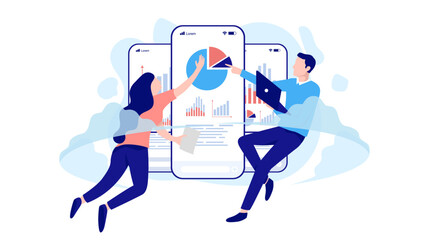 People analysing cloud data - Two casual business office characters working on pie chart and graphs. Flat design vector illustration with white background