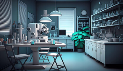 Modern laboratory with a microscope. New technologies in medicine. Banner. created by AI