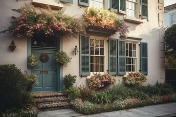 Fototapeta na wymiar Exterior of a Charleston house with wall siding, architecture, sidewalk, and vibrant flowers in planter. Generative AI