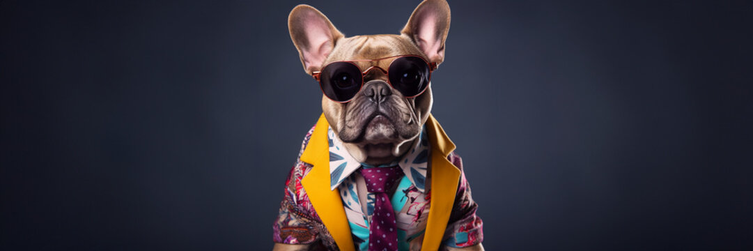 Bulldoge als Boss mit Anzug und Brille f&uuml;r Poster und Banner in Querformat, ai generativ
