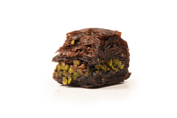 Turkish chocolate baklava isolated on white background.
