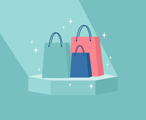 Glowing shopping bags on a pedestal under a beam of light. Flat vector illustration