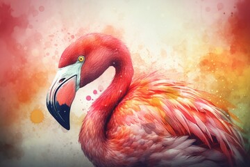 Illustration of watercolor flamingo with bohemian style on background wallpaper. Generative AI